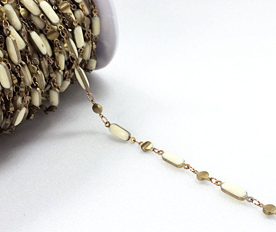 10 Feet White Ivory Enameled Rectangle Bars Station, Brass Beaded Bohemian Chain by foot - CH138-10 - BeadPrism