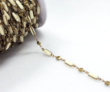 Load image into Gallery viewer, 10 Feet White Ivory Enameled Rectangle Bars Station, Brass Beaded Bohemian Chain by foot - CH138-10 - BeadPrism