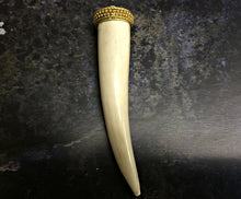 Load image into Gallery viewer, Bone Horn Tusk tooth Pendant with Brass Cap Antique ivory Extra Large 4 Inch - TP120 - BeadPrism
