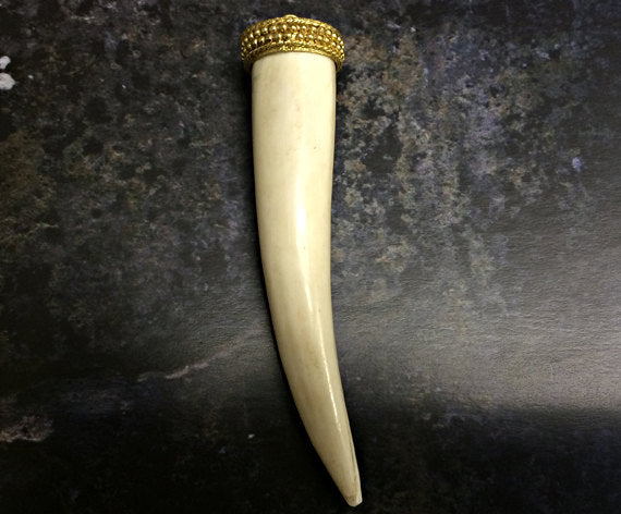 Bone Horn Tusk tooth Pendant with Brass Cap Antique ivory Extra Large 4 Inch - TP120 - BeadPrism