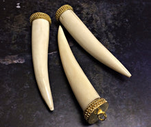 Load image into Gallery viewer, Bone Horn Tusk tooth Pendant with Brass Cap Antique ivory Extra Large 4 Inch - TP120 - BeadPrism