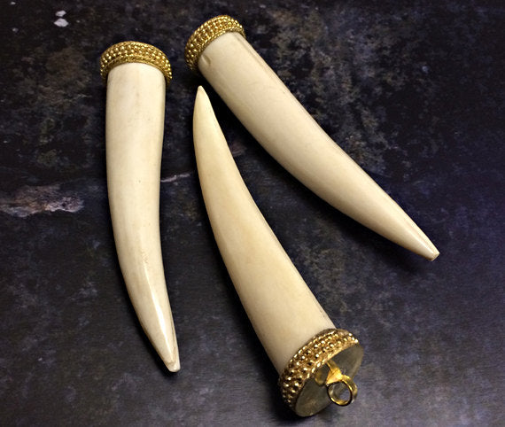 Bone Horn Tusk tooth Pendant with Brass Cap Antique ivory Extra Large 4 Inch - TP120 - BeadPrism