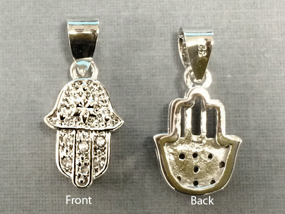Hamsa Sterling Silver with Cubic Zirconia CZ Pave set 22mm 925 Silver marked Hand of Fatima -SP955 - BeadPrism