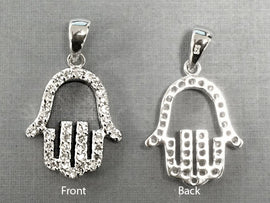 Hamsa Hand of Fatima Pendant 925 Sterling Silver w/ Cubic Zirconia CZ Pave set 1