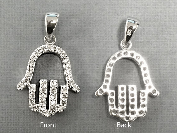 Hamsa Hand of Fatima Pendant 925 Sterling Silver w/ Cubic Zirconia CZ Pave set 1" 27mm -SP956 - BeadPrism