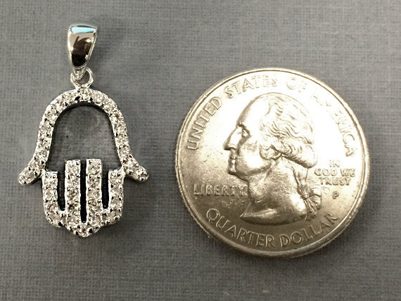 Hamsa Hand of Fatima Pendant 925 Sterling Silver w/ Cubic Zirconia CZ Pave set 1" 27mm -SP956 - BeadPrism
