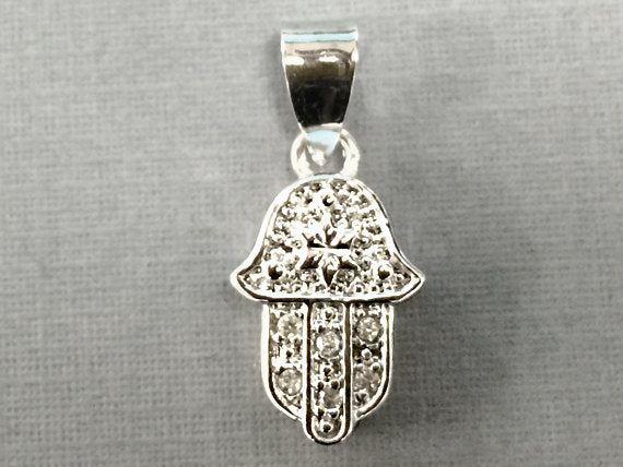 Hamsa Sterling Silver with Cubic Zirconia CZ Pave set 22mm 925 Silver marked Hand of Fatima -SP955 - BeadPrism