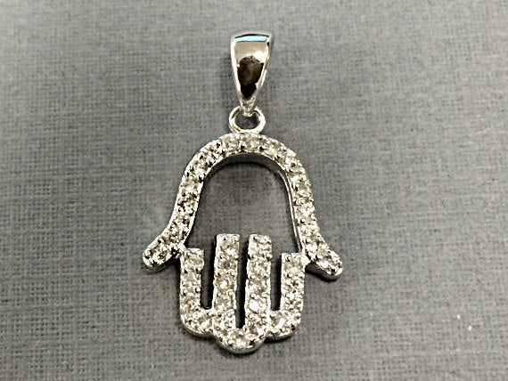 Hamsa Hand of Fatima Pendant 925 Sterling Silver w/ Cubic Zirconia CZ Pave set 1" 27mm -SP956