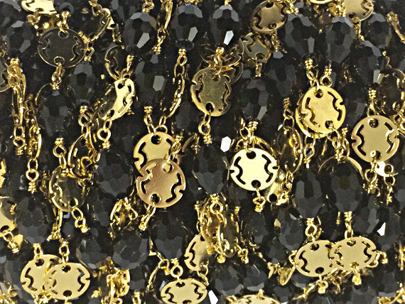 3 Feet 10mm Black Oval Crystal, Gold Plated Wire Wrapped Chain by Foot Rosary Bead Chain - CH207-3 - BeadPrism