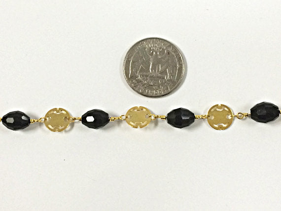 1 Ft 10mm Black Oval Crystal w/ Gold Plated Connector Wire Wrapped Rosary Bead Chain by Foot - CH207 - BeadPrism