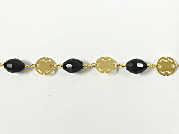 3 Feet 10mm Black Oval Crystal, Gold Plated Wire Wrapped Chain by Foot Rosary Bead Chain - CH207-3 - BeadPrism