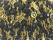 Load image into Gallery viewer, 3 Ft 10mm Black Oval Crystal Swirl Connector Gold Plated Wire wrap Rosary Bead Chain by Ft - CH206-3 - BeadPrism