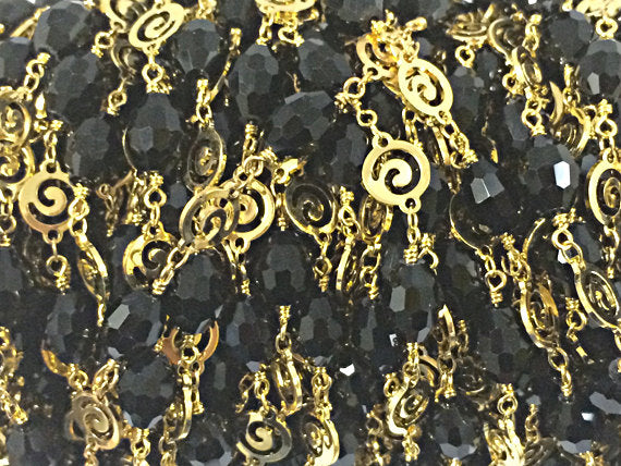 3 Ft 10mm Black Oval Crystal Swirl Connector Gold Plated Wire wrap Rosary Bead Chain by Ft - CH206-3 - BeadPrism