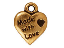 Load image into Gallery viewer, 10 Pc "Made with Love" Heart Charm 13x10mm Antique Gold Finish Tierracast Charms - P2180GA - BeadPrism