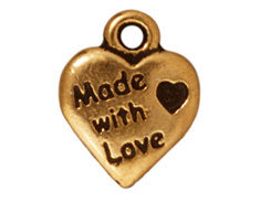 10 Pc "Made with Love" Heart Charm 13x10mm Antique Gold Finish Tierracast Charms - P2180GA - BeadPrism
