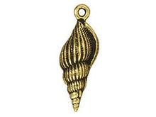 Load image into Gallery viewer, 5 Pc Large Spindle Shell Charm 24mm 22 kt Antique Gold Plated Pewter by TierraCast - P2233GA - BeadPrism