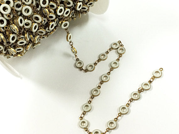 10 Feet Karma White Enamel Antique Brass Finish, Circle of Life Meditation Boho Chain - CH200-WHT-10 - BeadPrism