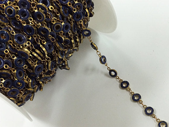 1 Foot Karma Blue Enamel Antique Brass Finish Circle of Life Yoga Meditation Boho Chain - CH200-Blue - BeadPrism