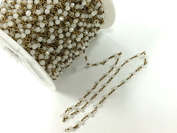 1 Ft 4mm Faceted Round Moonstone Crystal Glass Gold Plated Wire Wrapped Rosary Beaded chain - CH209 - BeadPrism