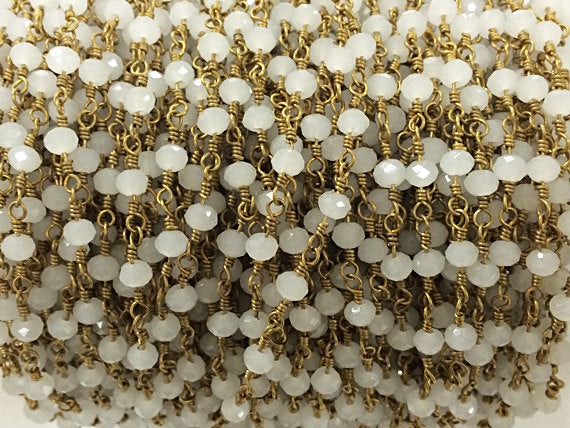 1 Ft 4mm Faceted Round Moonstone Crystal Glass Gold Plated Wire Wrapped Rosary Beaded chain - CH209 - BeadPrism