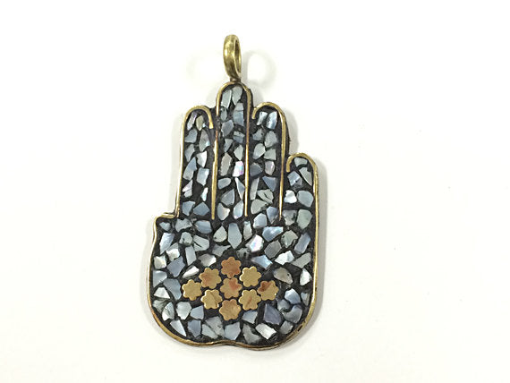 MOP Hamsa Mother of Pearl Brass Mosiac Inlay 2.5 inch 64mm Hamsa Hands Brass Pendant Tibet - AP155 - BeadPrism