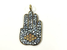 Load image into Gallery viewer, MOP Hamsa Mother of Pearl Brass Mosiac Inlay 2.5 inch 64mm Hamsa Hands Brass Pendant Tibet - AP155 - BeadPrism