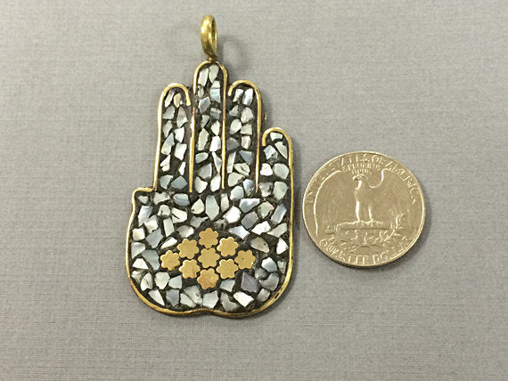 MOP Hamsa Mother of Pearl Brass Mosiac Inlay 2.5 inch 64mm Hamsa Hands Brass Pendant Tibet - AP155 - BeadPrism