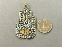 Load image into Gallery viewer, MOP Hamsa Mother of Pearl Brass Mosiac Inlay 2.5 inch 64mm Hamsa Hands Brass Pendant Tibet - AP155 - BeadPrism