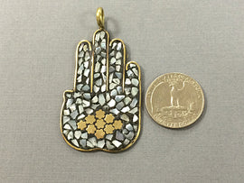 MOP Hamsa Mother of Pearl Brass Mosiac Inlay 2.5 inch 64mm Hamsa Hands Brass Pendant Tibet - AP155 - BeadPrism