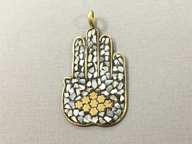 MOP Hamsa Mother of Pearl Brass Mosiac Inlay 2.5 inch 64mm Hamsa Hands Brass Pendant Tibet - AP155 - BeadPrism
