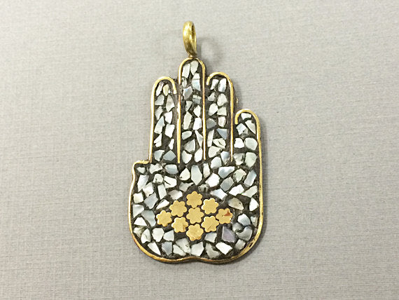 MOP Hamsa Mother of Pearl Brass Mosiac Inlay 2.5 inch 64mm Hamsa Hands Brass Pendant Tibet - AP155