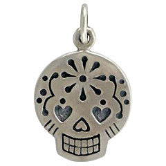 Skull Mexican Sugar Charm, Sterling Silver skull charm, Days of the dead charm, 17mm x 12mm - SP958 - BeadPrism