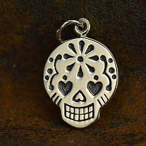 Skull Mexican Sugar Charm, Sterling Silver skull charm, Days of the dead charm, 17mm x 12mm - SP958 - BeadPrism