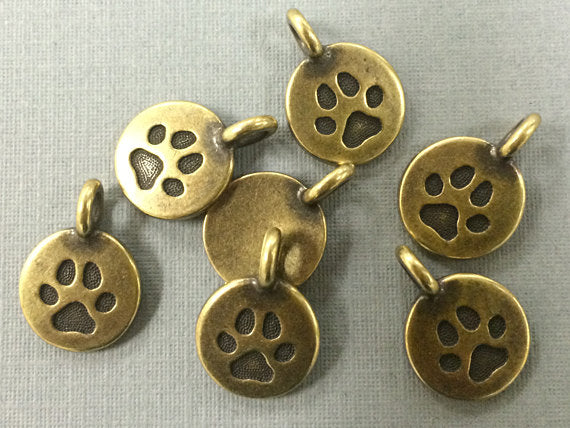 11.5 mm Paw Charm Antique Brass plated,. Lead Free Pewter by Tierracast, - P2420BO - BeadPrism