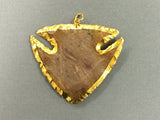 Jasper Arrowhead 2 inch Large Hand Carved Brown Color Gold Edged Pendant, Tibet Boho - TP214 Brown