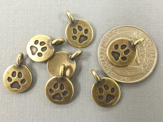 11.5 mm Paw Charm Antique Brass plated,. Lead Free Pewter by Tierracast, - P2420BO - BeadPrism