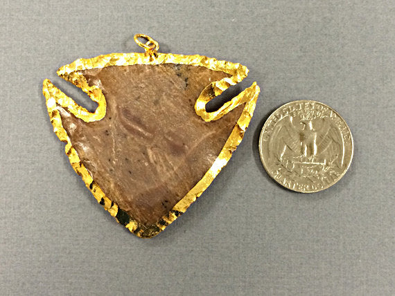 Jasper Arrowhead 2 inch Large Hand Carved Brown Color Gold Edged Pendant, Tibet Boho - TP214 Brown - BeadPrism