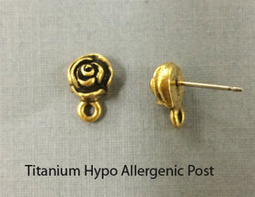 2Pc Rose Bud Post w/Loop Antique Gold Finish Hypo allergenic Clear comfort clutch Tierracast-P1074GA - BeadPrism