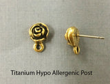 2Pc Rose Bud Post w/Loop Antique Gold Finish Hypo allergenic Clear comfort clutch Tierracast-P1074GA