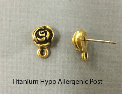 2Pc Rose Bud Post w/Loop Antique Gold Finish Hypo allergenic Clear comfort clutch Tierracast-P1074GA - BeadPrism