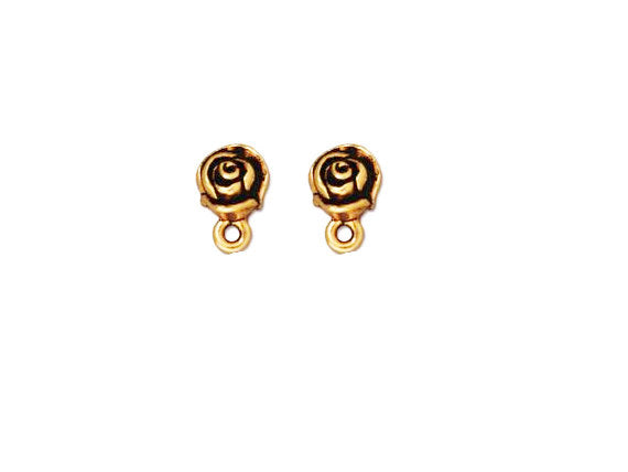 2Pc Rose Bud Post w/Loop Antique Gold Finish Hypo allergenic Clear comfort clutch Tierracast-P1074GA - BeadPrism