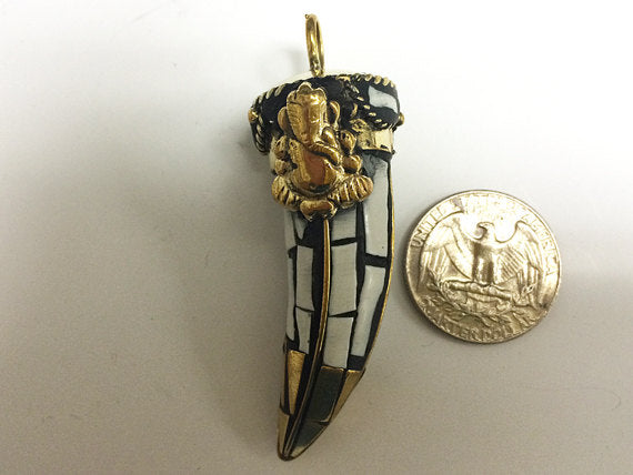 Ganesha Tibetan Brass Horn Tusk Pendant Cream White Ivory, Gold Brass Ganesh Mosiac Pendant - AP157 - BeadPrism