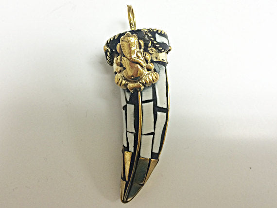 Ganesha Tibetan Brass Horn Tusk Pendant Cream White Ivory, Gold Brass Ganesh Mosiac Pendant - AP157 - BeadPrism