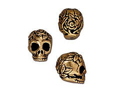 5 Pc Rose Skull Bead with Vertical Hole 10x10mm Antique Gold Finish Tierracast Beads - P5685GA - BeadPrism