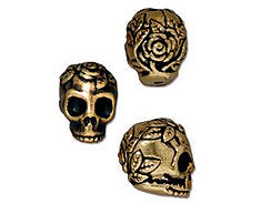 5 Pc Rose Skull Bead with Vertical Hole 10x10mm Oxidized Brass Finish Tierracast Beads - P5685BO - BeadPrism