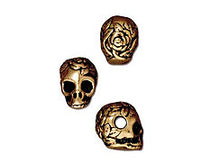 Load image into Gallery viewer, 5 Pc Rose Skull Bead with Horizontal Large Hole 10x10mm Antique Gold Finish Tierracast - P5715GA - BeadPrism