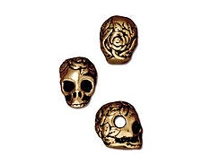 5 Pc Rose Skull Bead with Horizontal Large Hole 10x10mm Antique Gold Finish Tierracast - P5715GA - BeadPrism