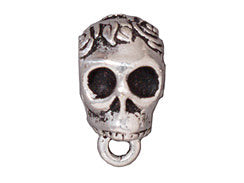 5Pc Skull Bail w/ Roses 6.3mm Hole 17mm Antique Silver Plated Tierracast bails for leather - P5729SA - BeadPrism