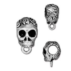 5Pc Skull Bail w/ Roses 6.3mm Hole 17mm Antique Silver Plated Tierracast bails for leather - P5729SA - BeadPrism