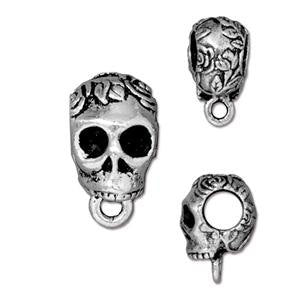 5Pc Skull Bail w/ Roses 6.3mm Hole 17mm Antique Silver Plated Tierracast bails for leather - P5729SA - BeadPrism
